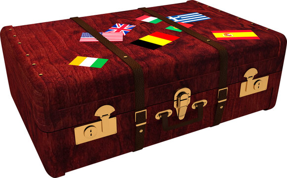 Image of flag of america and various european countries stuck onto suitcase
