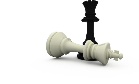 Image of black queen and fallen white king chess piece