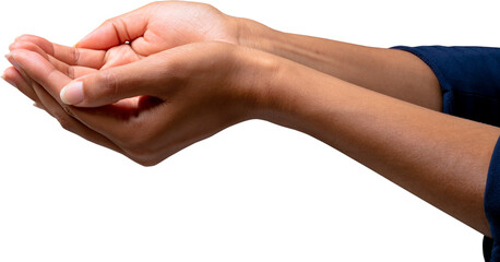 Image of cupped hands and extended arms of biracial woman - Powered by Adobe