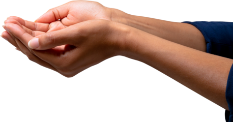 Image of cupped hands and extended arms of biracial woman