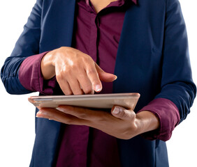 Image of midsection of biracial businesswoman using tablet touchscreen - Powered by Adobe