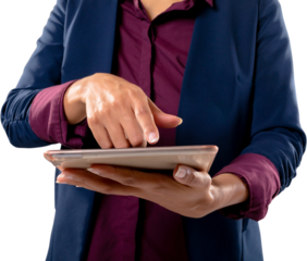 Image of midsection of biracial businesswoman using tablet touchscreen