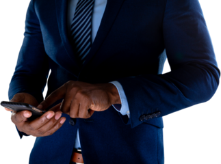 Image of midsection of african american businessman using smartphone touchscreen