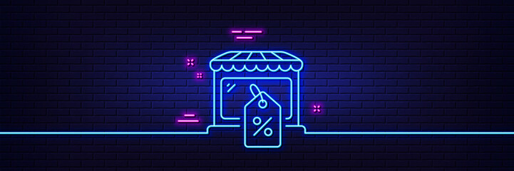 Neon light glow effect. Market sale line icon. Wholesale store sign. Marketplace discounts symbol. 3d line neon glow icon. Brick wall banner. Market sale outline. Vector