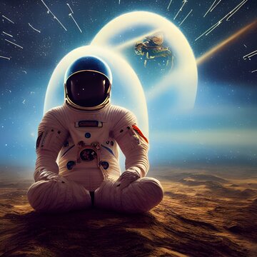 Illustration of the Meditating Cosmonaut, stars and galaxy on background, calm, serinity