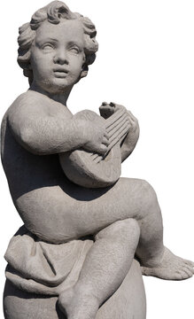 Image of grey stone weathered ancient sculpture of a naked cherub with sitar