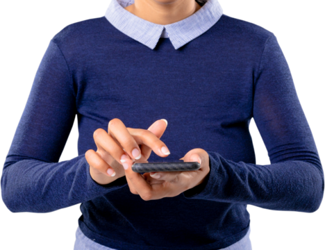 Image of midsection of biracial woman using smartphone touchscreen