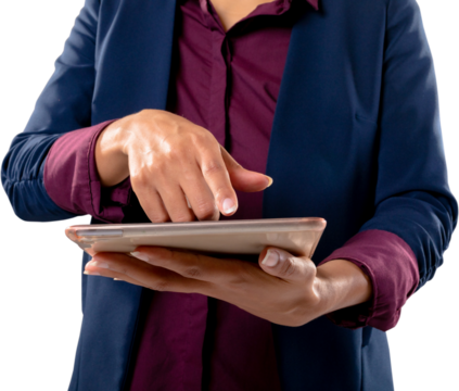 Image of midsection of biracial businesswoman using tablet touchscreen