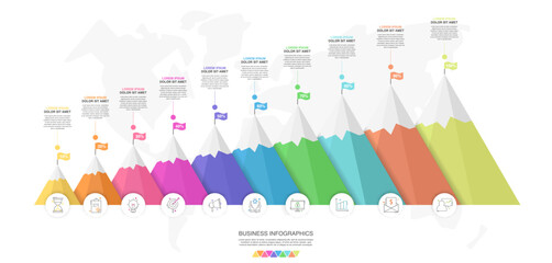 Vector timeline infographic template. Modern mountains graph with 10 steps, circles, achievement, mission business options. Geometric concept for web, project, chart, banner, presentations, report