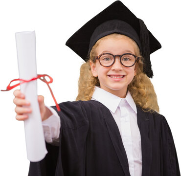Image of smiling caucasian girl wearing graduation hat and outfit holding certificate