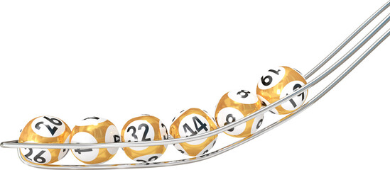 Illustration of gold and white lottery balls with numbers rolling down silver rails
