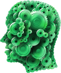 Illustration of human head formed with multiple green cogs