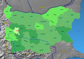 Administrative and political colored vector Map of Bulgaria with colourful regions and Capital and neighboring Countries