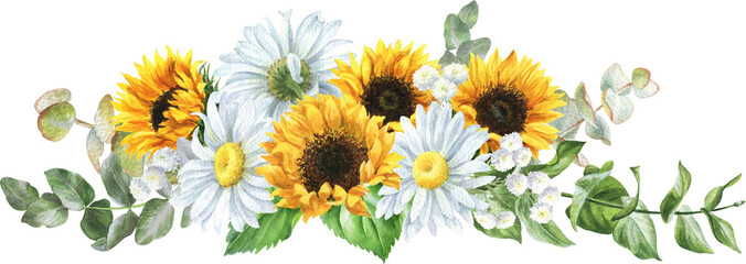 Watercolor floral illustration. Bouquet of sunflowers, chamomile and eucalyptus isolated on white background. 