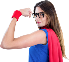 Image of caucasian superhero woman dressed in red cape flexing muscles