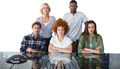 Image of group of five diverse business people by conference table