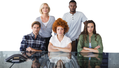 Image of group of five diverse business people by conference table