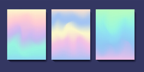 Set of abstract colorful y2k mesh gradients. Cool gradient backgrounds. Colored liquid graphic illustration. Blurred minimalist hologram gradient texture. Editable vector design