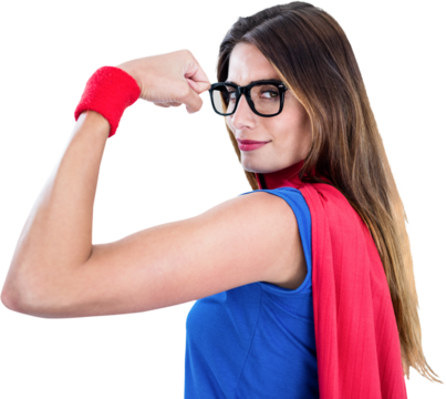 Image of caucasian superhero woman dressed in red cape flexing muscles - Powered by Adobe