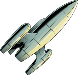 Illustration of yellow and green spaceship flying up