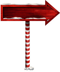 Illustration of christmas red wooden arrow sign with copy space pointing right covered in snow