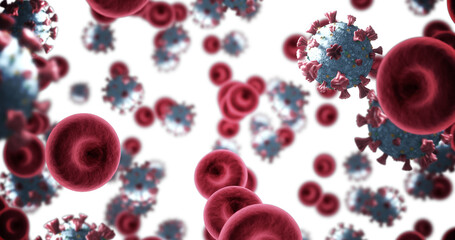 Illustration of covid 19 and red blood cells floating