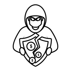Malicious Hacker Concept, breaking security shield vector line icon design,cyber-terrorism symbol, cyberpunkSign, security breakers stock illustration