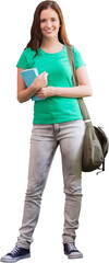 Portrait of smiling caucasian female student in green t-shirt with bag holding book