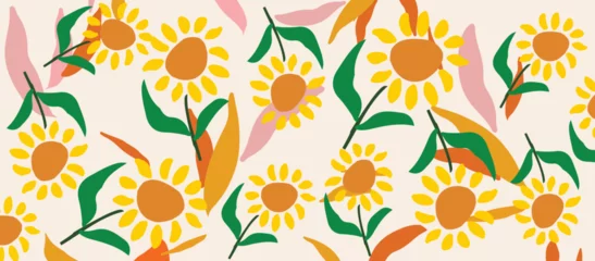 Küchenrückwand glas motiv Cute sunflowers and leaves colorful pattern. Abstract art nature background vector illustration. Botanical design for banner, wall art, cards, prints and fabrics © blossomstar
