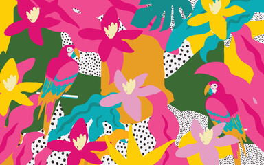  Cute garden flowers and leaves with parrots colorful pattern. Parrots with botanical elements vector illustration design for fashion, fabric, wallpaper, cards, prints	