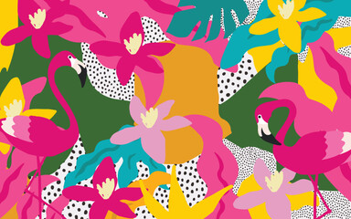 Naklejka premium Cute garden flowers and leaves with flamingos colorful pattern. Flamingo birds with botanical elements vector illustration design for fashion, fabric, wallpaper, cards, prints 