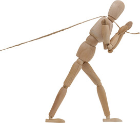 Image of wooden man model walking dragging rope