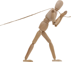 Image of wooden man model walking dragging rope
