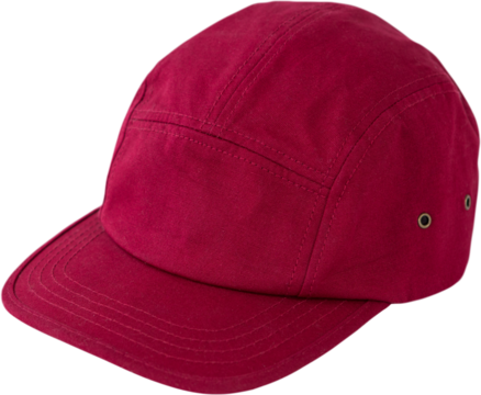 Image of close up of red fabric cap with peak