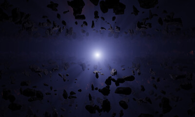 3d rendering of asteroid field surrounding a distant star with mysterious atmosphere.