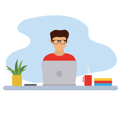 A man sits at a table and works on a laptop. Vector illustration