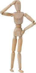 Image of close up of wooden model of man thinking with hand on head