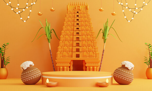 3d render of Happy Pongal Holiday Harvest Festival of Tamil Nadu South India, product display in yellow background