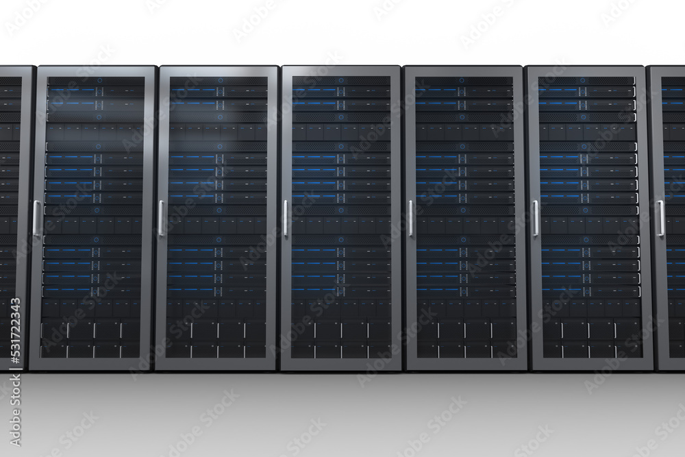 Wall mural image of row of computer servers with blue lights on