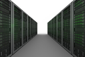 Image of rows of computer servers with green lights on