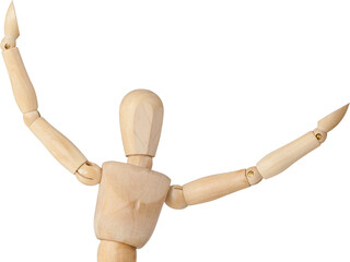 Image of close up of wooden model of man with hands in air