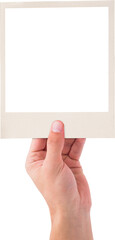 Image of hand of caucasian woman holding white frame with copy space