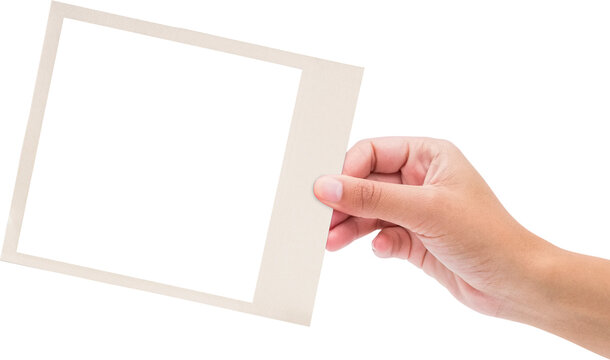 Image of hand of caucasian woman holding white frame with copy space