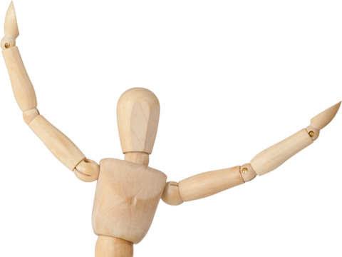 Image of close up of wooden model of man with hands in air - Powered by Adobe