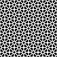 Monochrome donut and square pattern on black background. Linked diagonal line on square and circle shape. White line with black dot pattern on black background.