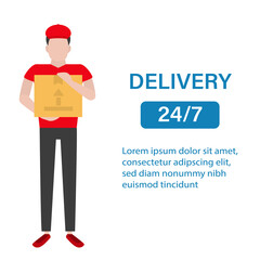 A delivery man standing and holding a box in his hands. Vector illustration