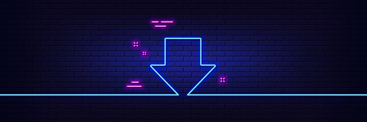 Neon light glow effect. Download line icon. Internet Downloading sign. Load file symbol. 3d line neon glow icon. Brick wall banner. Downloading outline. Vector