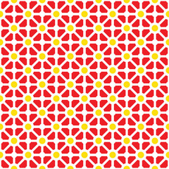 Colorful donut and square pattern on red background. Linked diagonal line on square and circle shape. White line with yellow dot pattern on red background.
