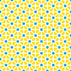 Colorful donut and square pattern on yellow background. Linked diagonal line on square and circle shape. White line with blue dot pattern on yellow background.