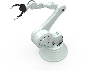 Image of white industrial robot arm extended with open pincers